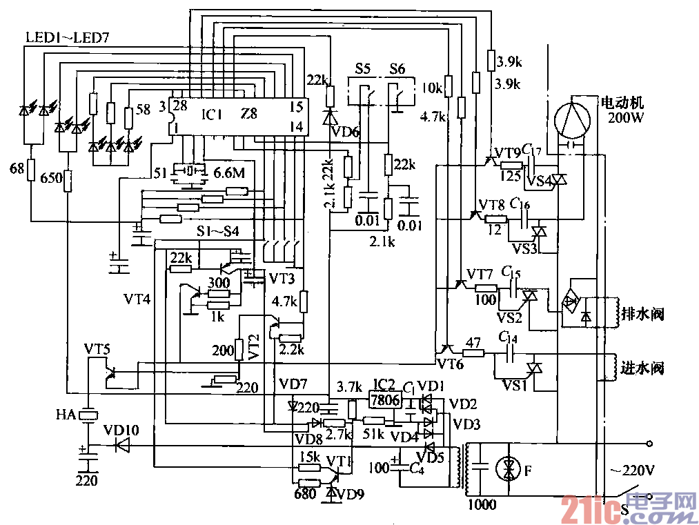 全自动洗衣机电路 家用电器电路