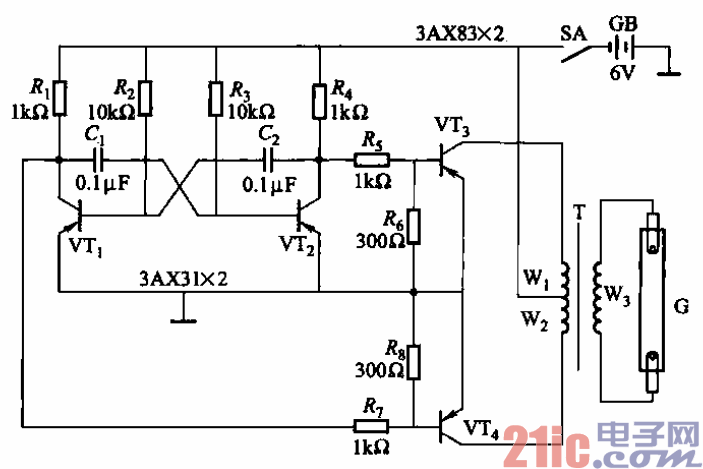 由三极管vti,vtz和电容cl,c2等组成自激多谐振荡器,为三极管vt3,vt4