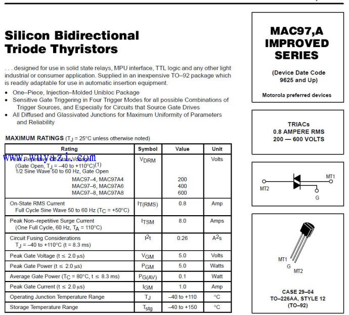 bt136和97a6可控硅管脚顺序及参数资料