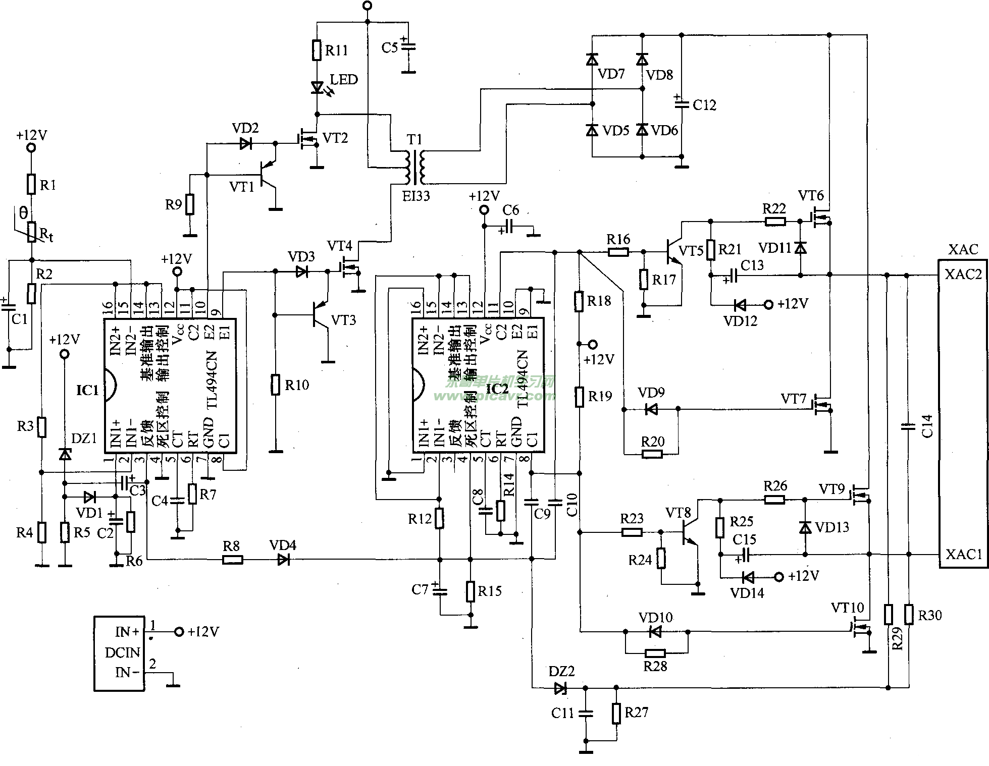 vt4和变压器t1组成12v直流到220v/50khz交流的逆变电路;芯片ic2及其