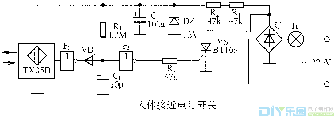 人体接近灯开关电路图