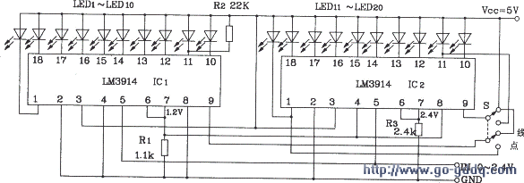 两块lm3914构成的20位led点/线转换显示电路