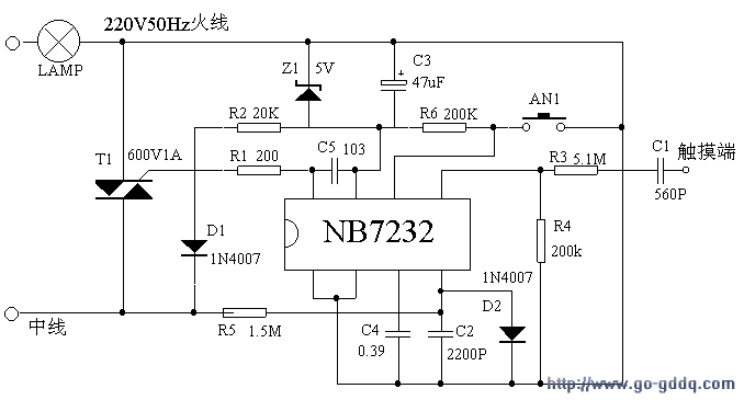 双向可控硅scr可根据负载功率大小选择97a6(约1a),tlc336a(约3a),bt