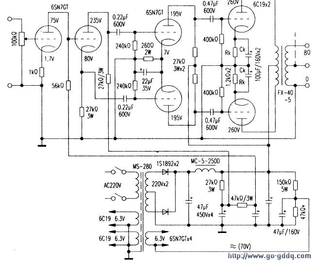 用6c19胆机制作的ab1类放大器