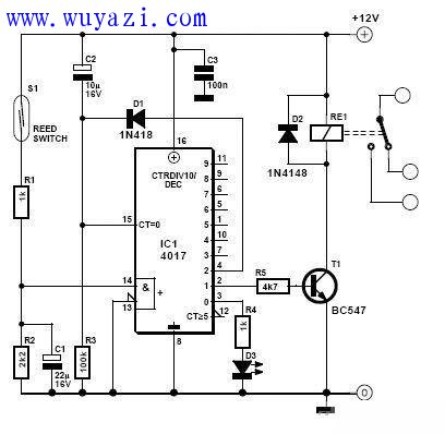 采用cd4017干簧接近开关传感器电路图