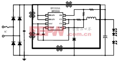 如图2所示使用非隔离的开关恒流源芯片bp2831a设计 的5w led球泡灯