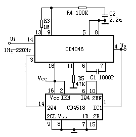 cd4046与bcd加法计数器cd4518构成的100倍频电路唯样