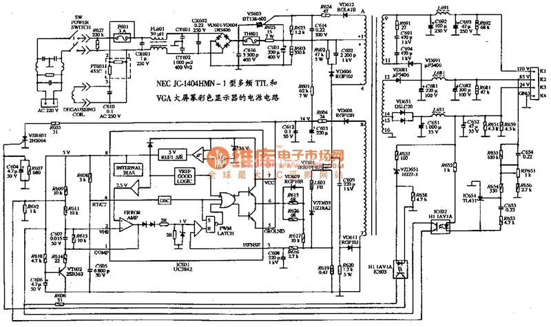 0采用基本元件设计多频ttl和vga大屏幕彩色显示器电路; vga接口是显卡