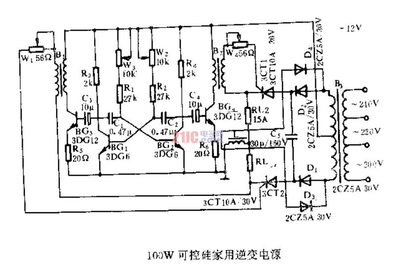 采用基本元件实现100w可控硅逆变电源电路电源电路