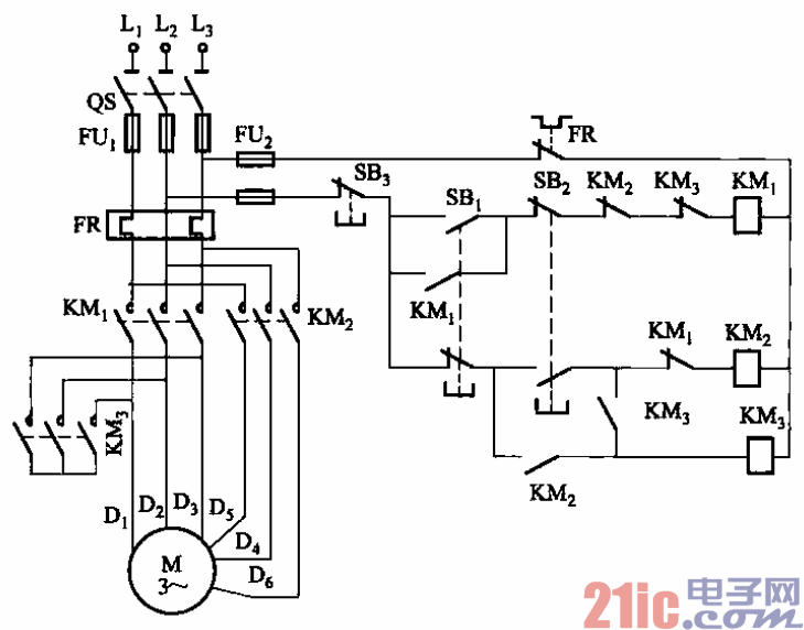 2y-△接法双速电动机接触器控制电路之四