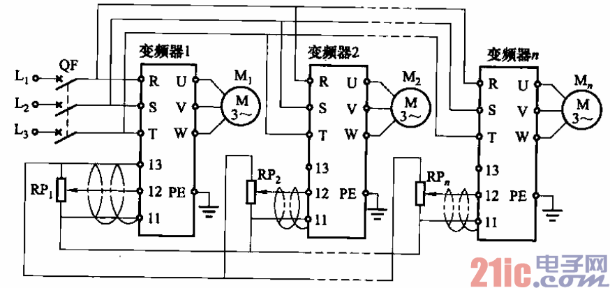 多台变频器同步控制多台电动机的电路之一