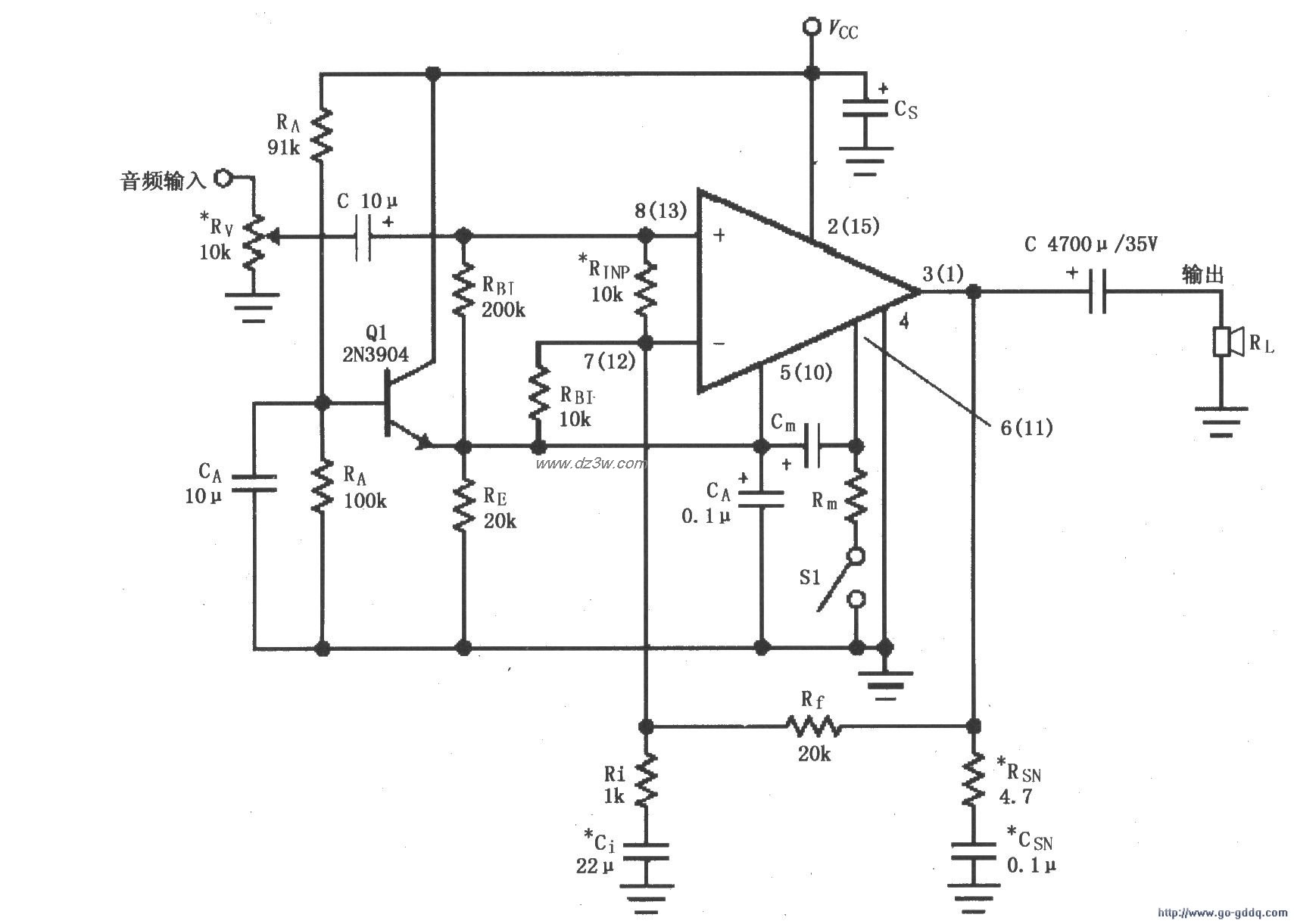 单电源供电 lm4766功放电路