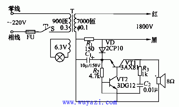 上圖所示是一種簡單的高效電子捕鼠器電路.