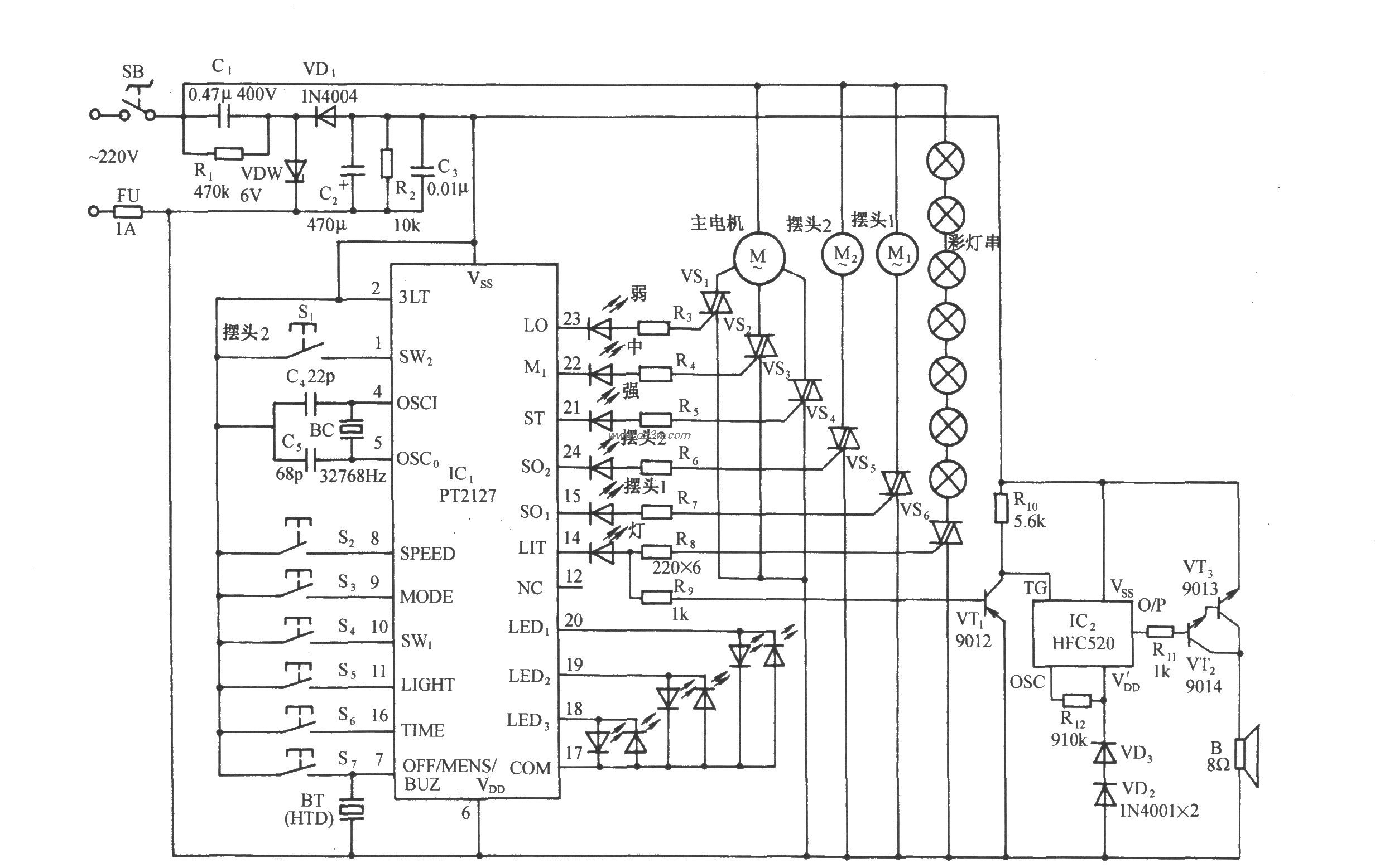 多功能電風扇伴音樂,彩燈控制電路(pt2127)