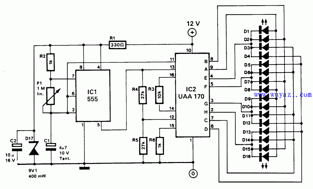 跑马灯定序列驱动16个led电路图 唯样电子商城