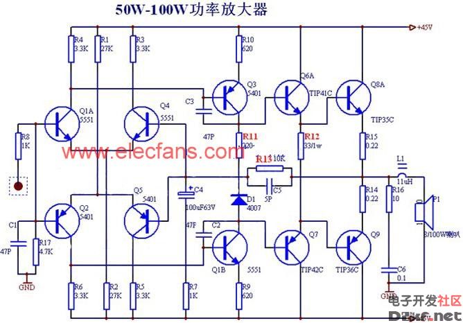 下面介紹製作簡單的50w-100w電壓形式的音響功率放大器,該電路屬於