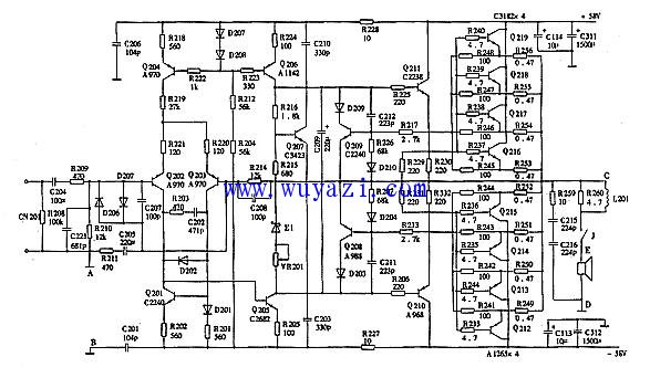 otl功放電路,一般前級多采用差分放大輸入,末級採用互補大功率對管