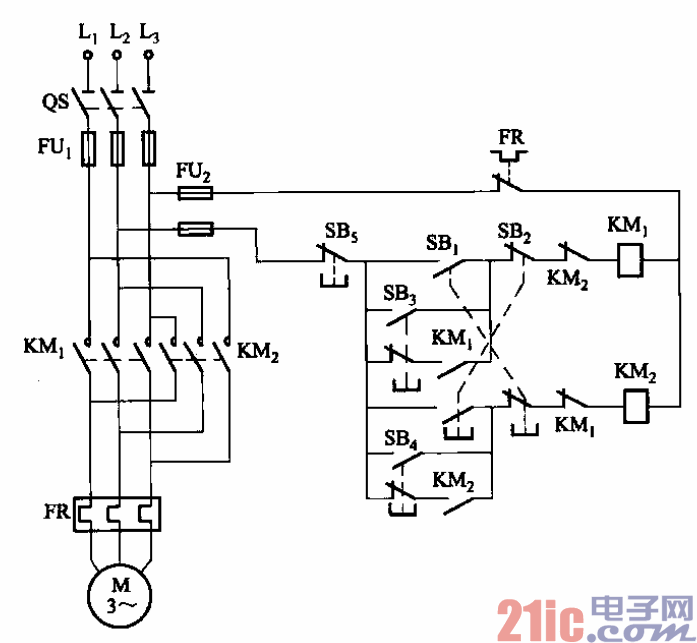 接觸器控制正反轉啟動及點動電路