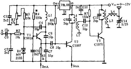 图3 87MHz～108MHz调频发射器的电路原理图