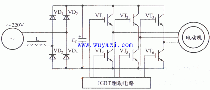 变频器的控制驱动主电路的电路原理图