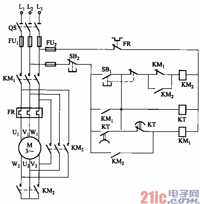 按鈕控制y-△降壓啟動電路之二