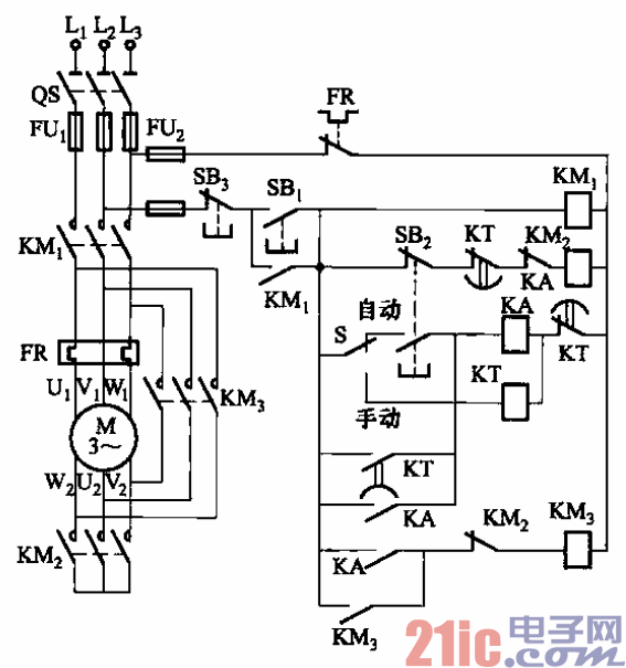 可手動和自動控制的y-△降壓啟動電路